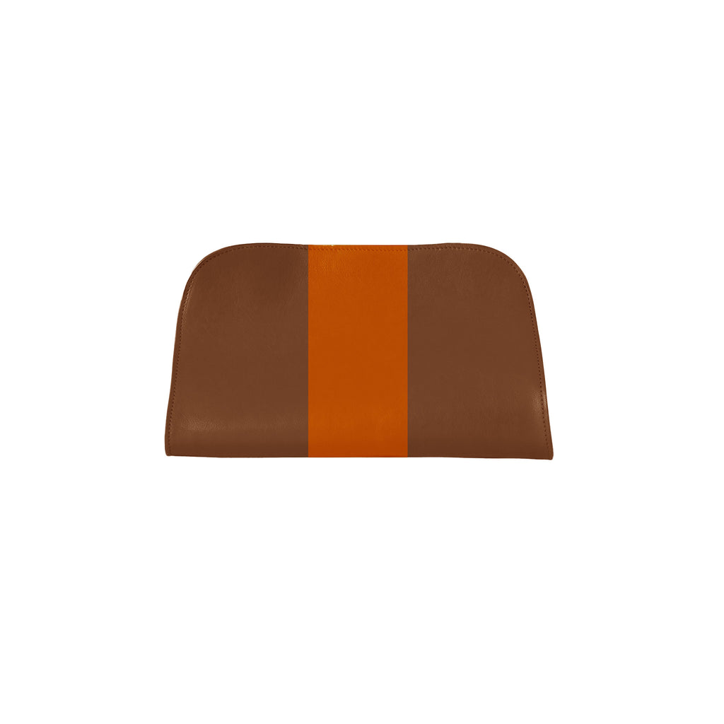 A brown leather clutch or envelope-style handbag with a vertical orange stripe down the center, shown against a plain white background.