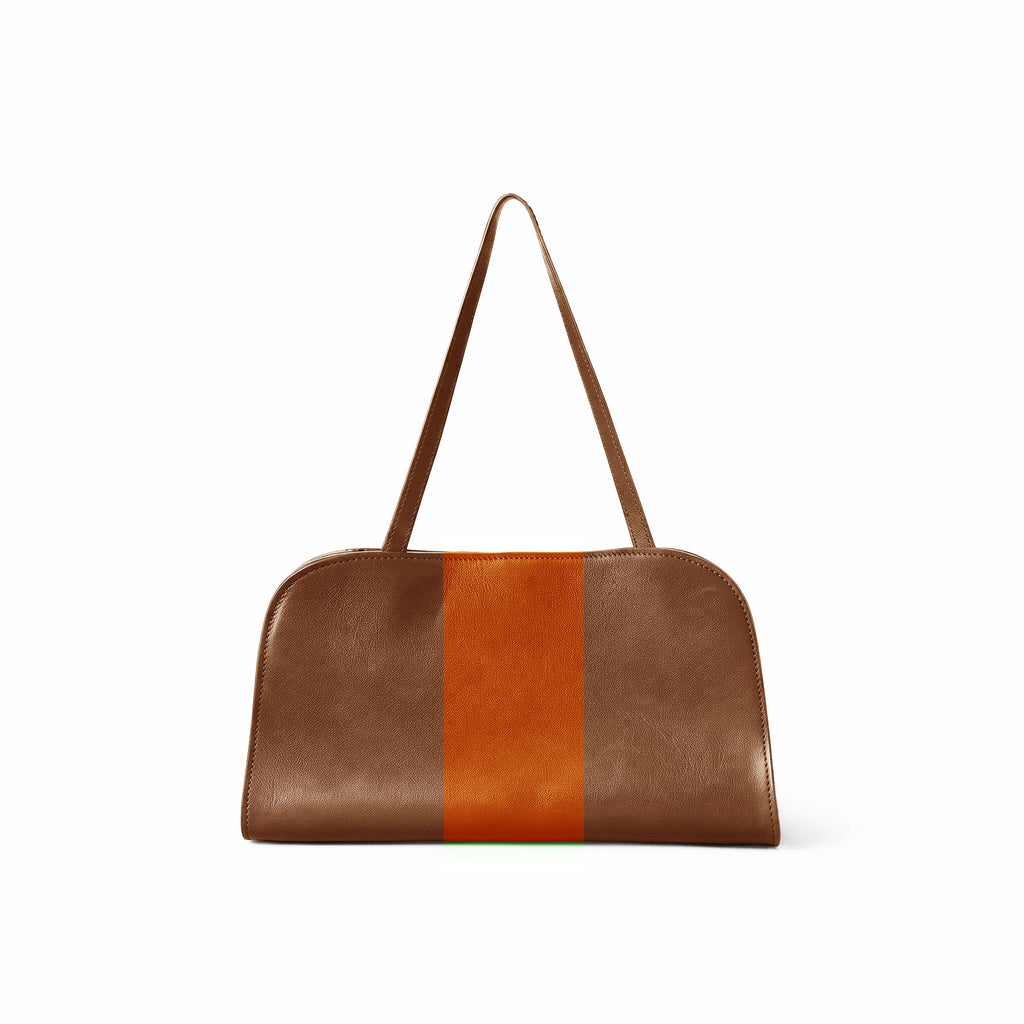 A brown leather shoulder bag with a vertical orange stripe down the center and matching brown leather straps, shown against a plain white background.