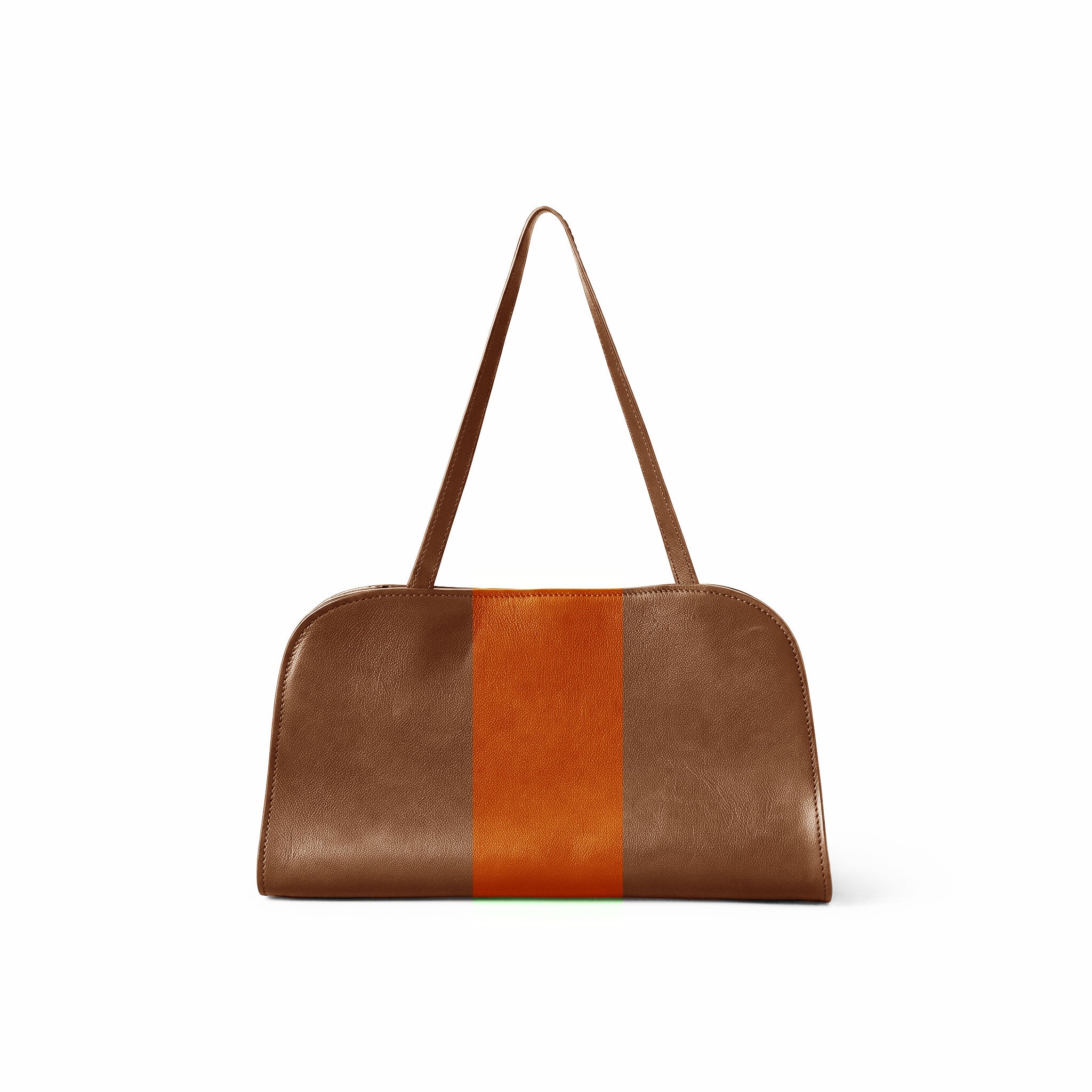 A brown leather shoulder bag with a vertical orange stripe down the center and matching brown leather straps, shown against a plain white background.