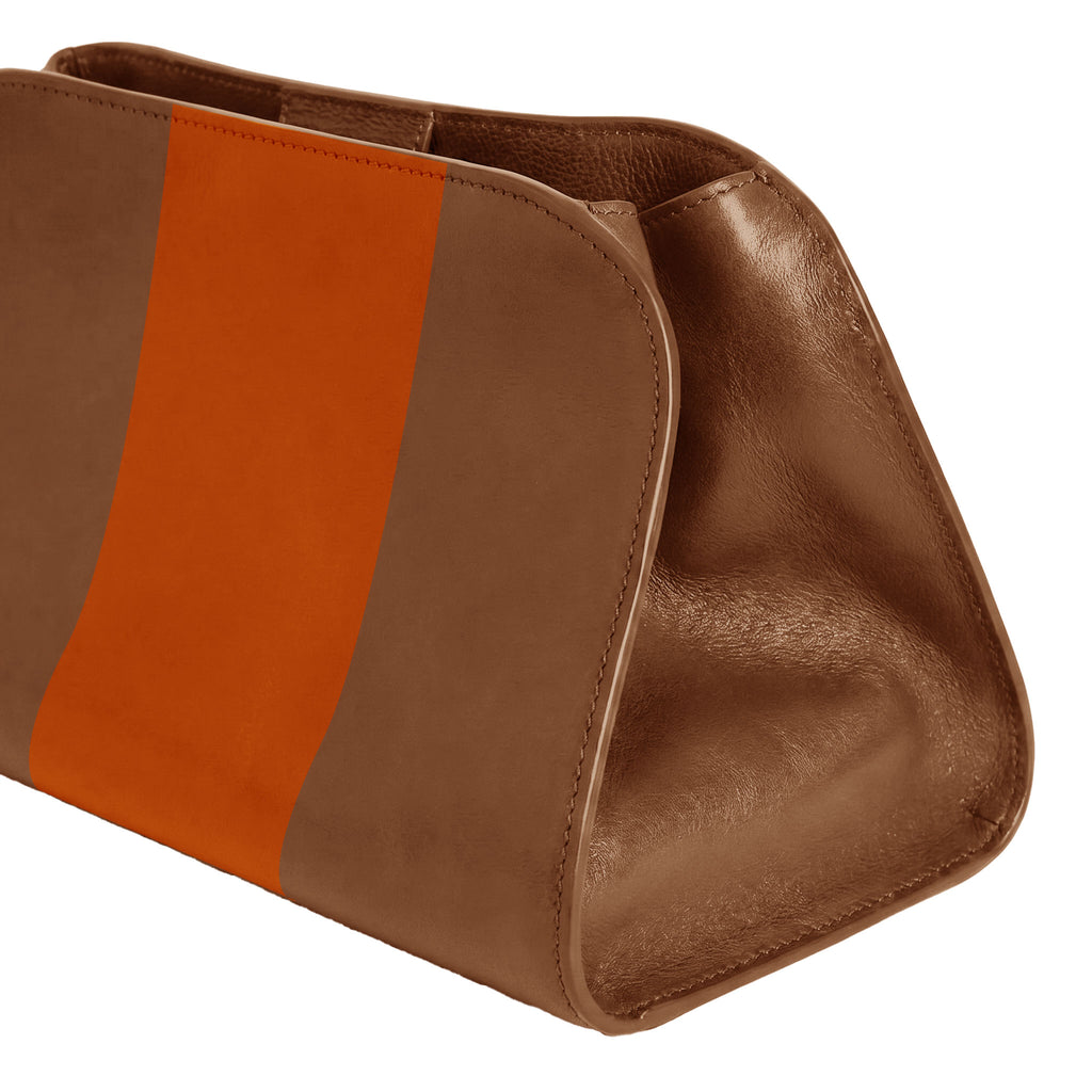 A brown leather clutch or envelope-style handbag with a vertical orange stripe down the center, shown against a plain white background.