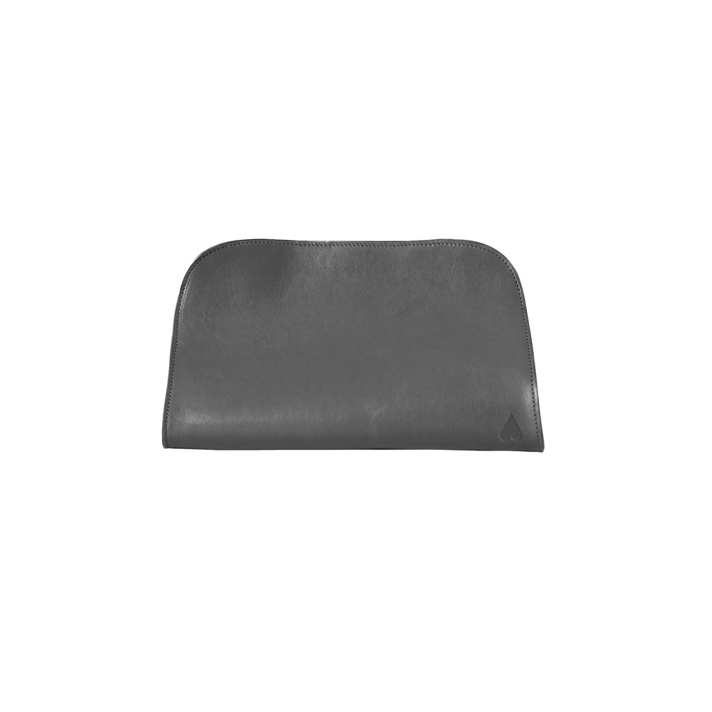 Grey leather with geometric logo at the bottom right side of the bag 