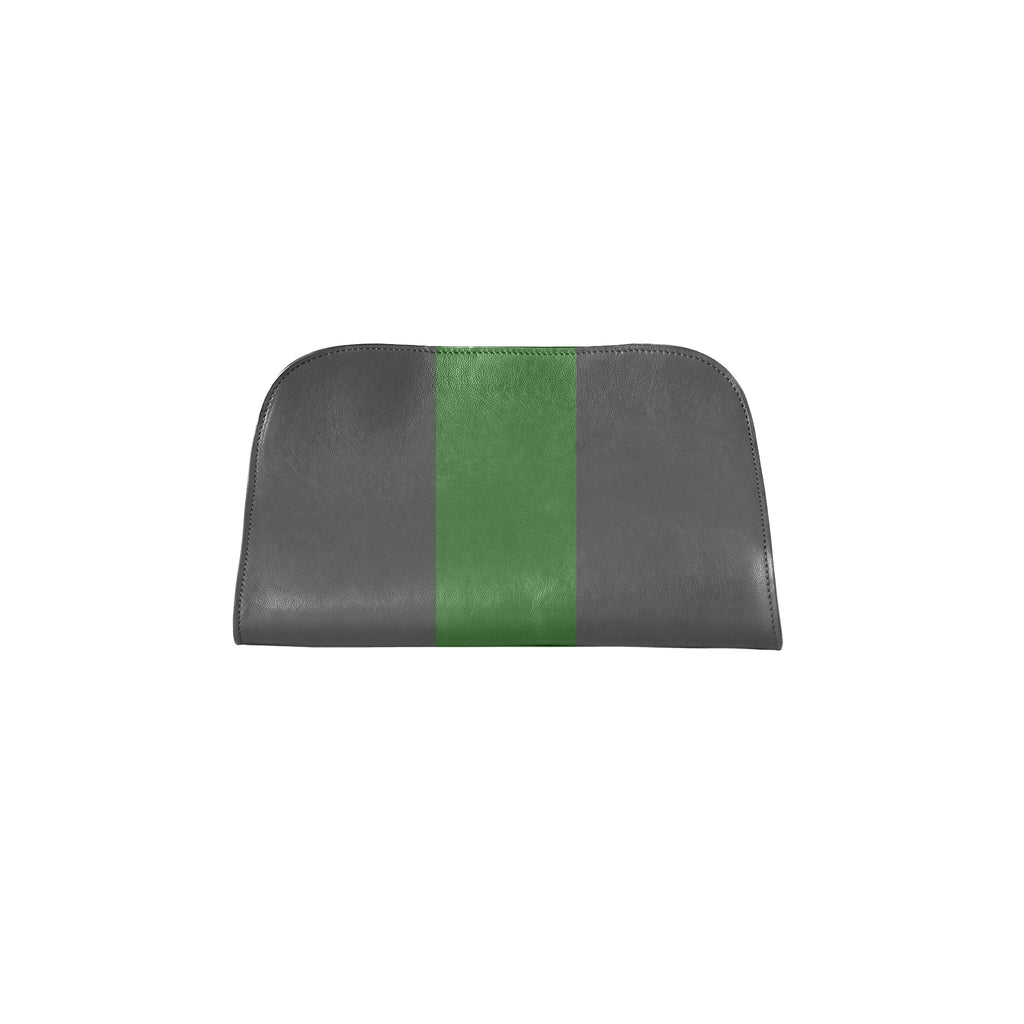 A dark gray leather clutch or pouch with a vertical green stripe down the center, shown against a plain white background.