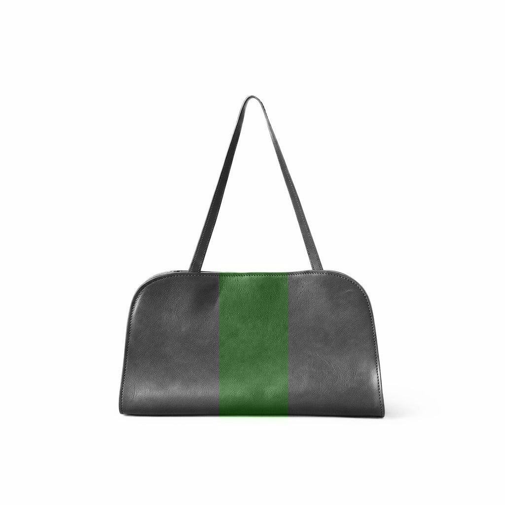 A grey leather shoulder bag with a vertical green stripe down the center, shown against a plain white background.
