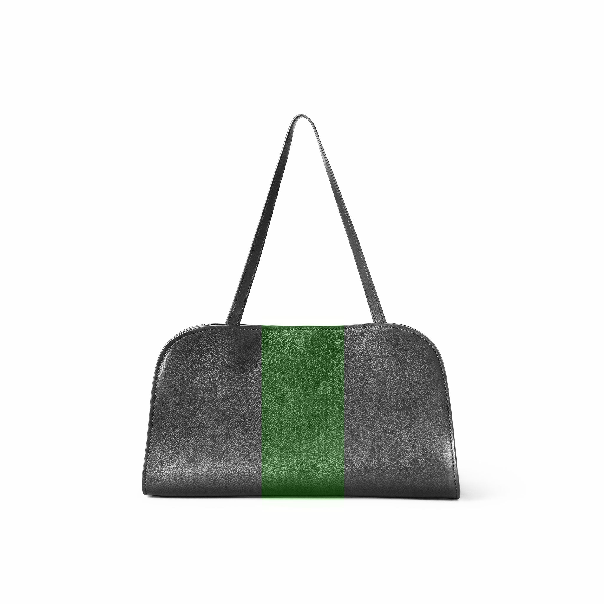 A grey leather shoulder bag with a vertical green stripe down the center, shown against a plain white background.