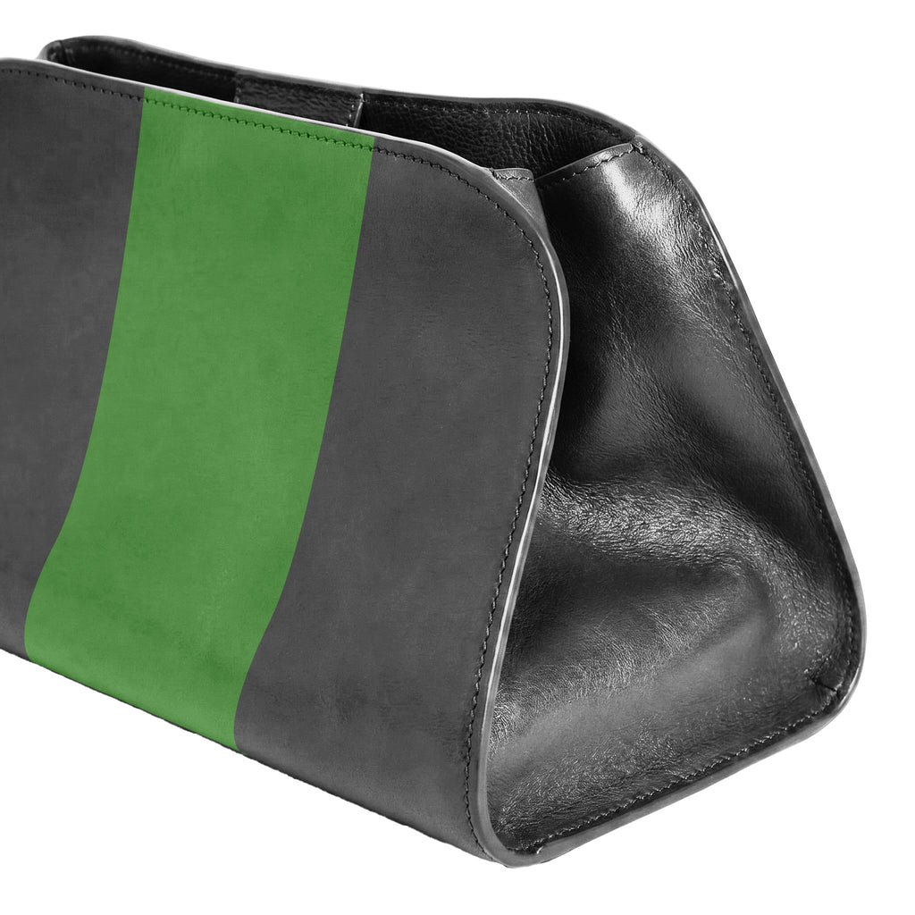 A grey leather pouch with a prominent vertical green stripe on the front, shown against a plain white background.