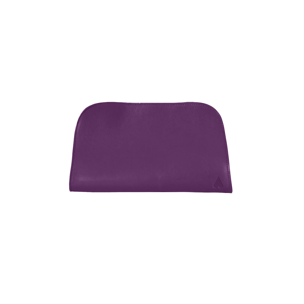A purple leather pouch or clutch with a small embossed triangular logo on the bottom right corner, shown against a plain white background.