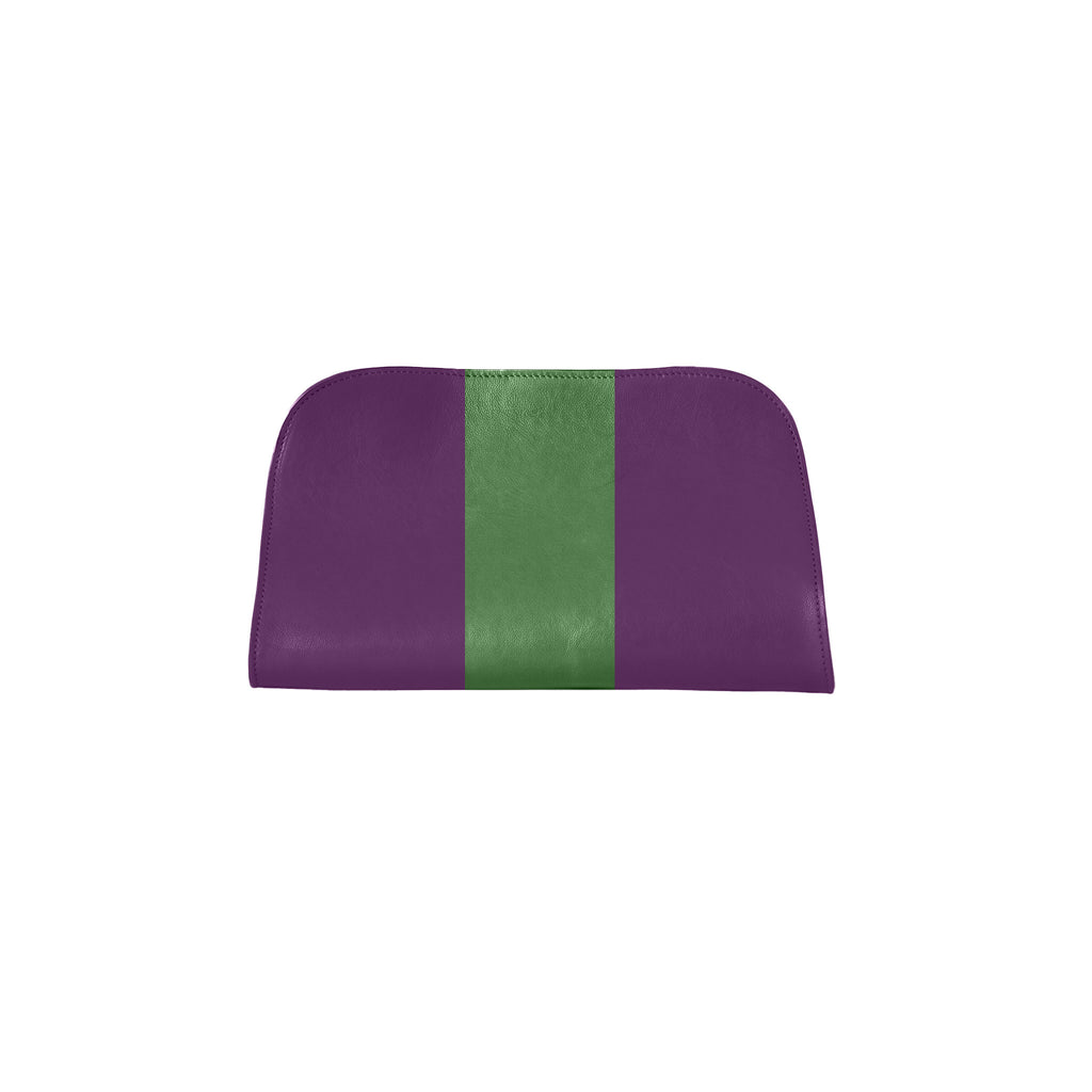 A small pouch or clutch with a rounded top, featuring a vertical green stripe down the center against a purple background, shown on a plain white background.
