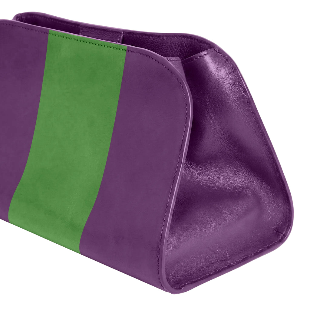 A purple leather cosmetic pouch with a wide green vertical stripe on the front, shown on a clean white background.