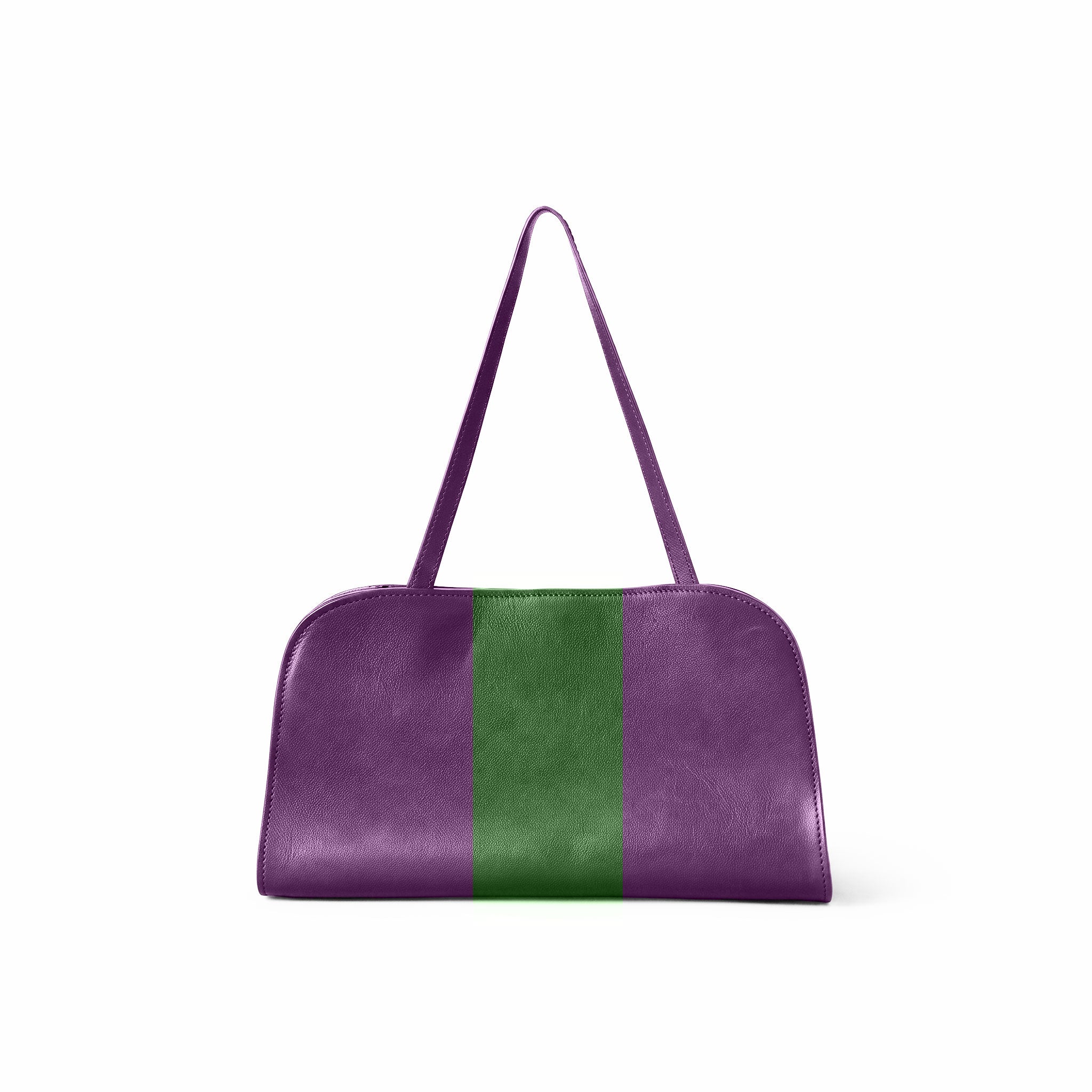 A purple leather pouch or clutch with a shoulder strap, shown against a plain white background.