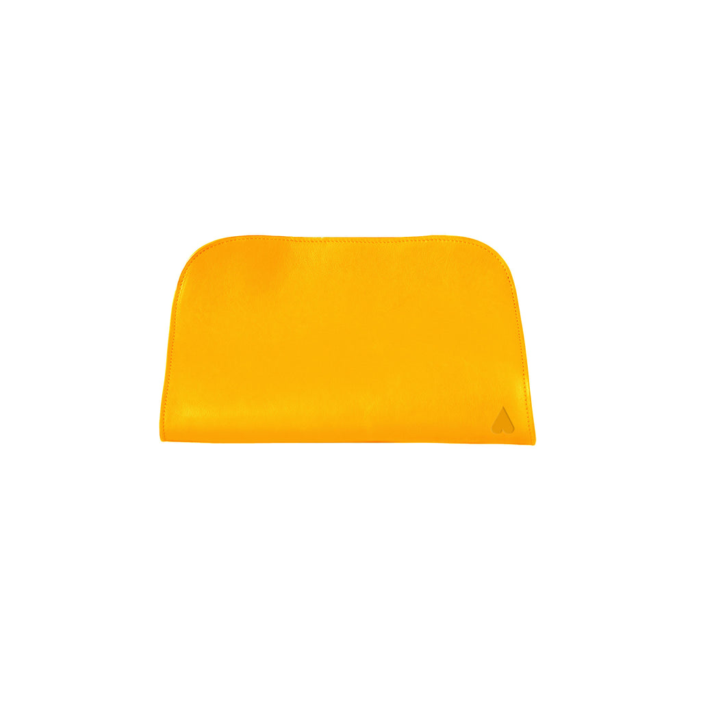 A bright yellow leather pouch with a small triangular logo on the bottom right corner, shown against a plain white background.