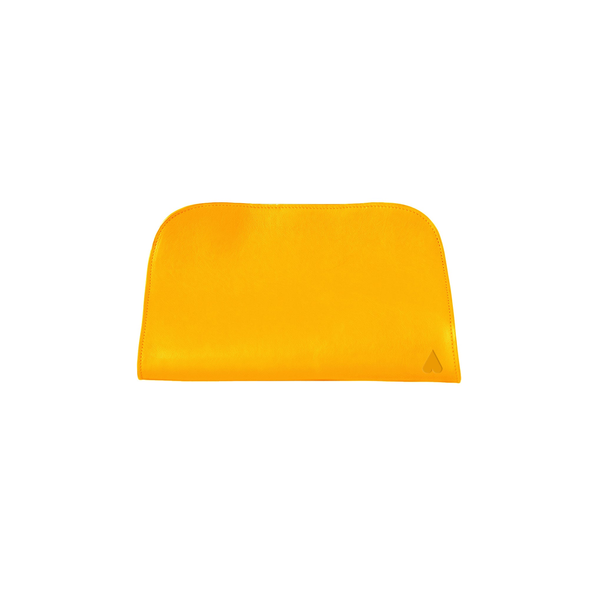 A bright yellow leather pouch with a small triangular logo on the bottom right corner, shown against a plain white background.