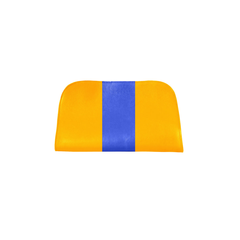 A small leather clutch bag with a bright yellow body and a central royal blue vertical stripe, shown against a plain white background.