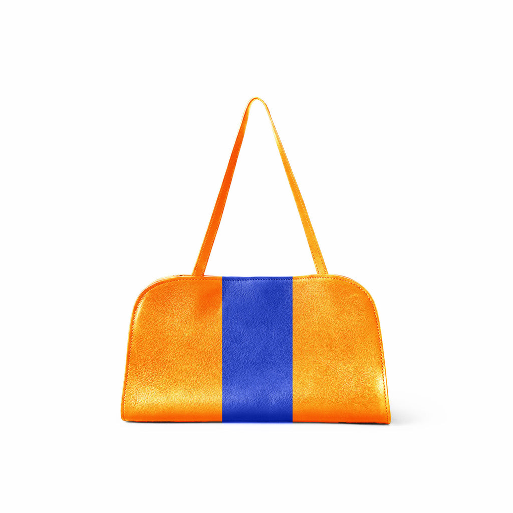 An bright yellow leather shoulder bag with a central royal blue vertical stripe, set against a plain white background.