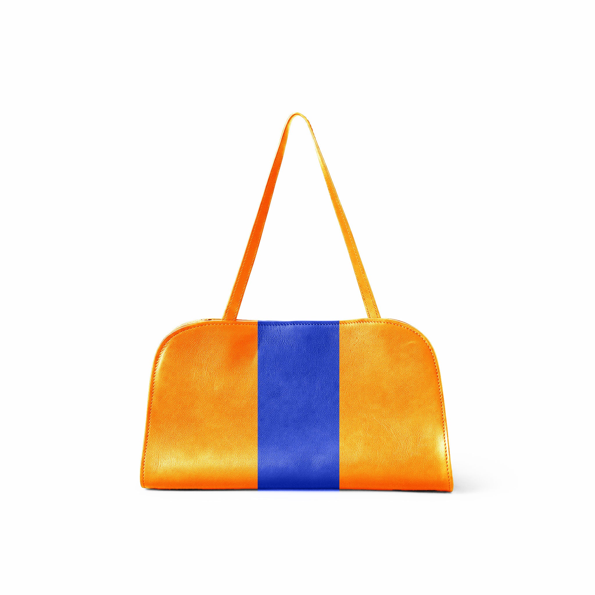 An bright yellow leather shoulder bag with a central royal blue vertical stripe, set against a plain white background.