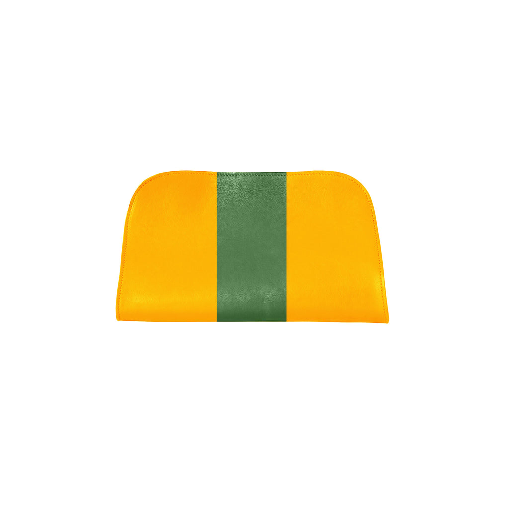 A bright yellow leather clutch handbag with a central vertical green stripe, shown against a plain white background.