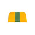 A bright yellow leather clutch handbag with a central vertical green stripe, shown against a plain white background.