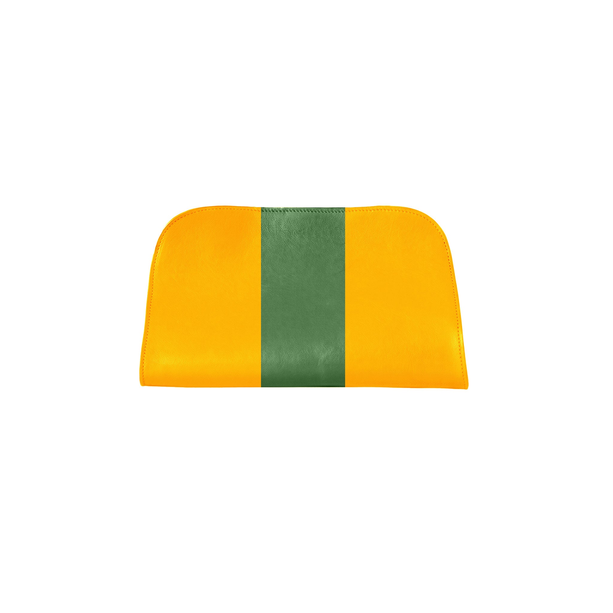 A bright yellow leather clutch handbag with a central vertical green stripe, shown against a plain white background.