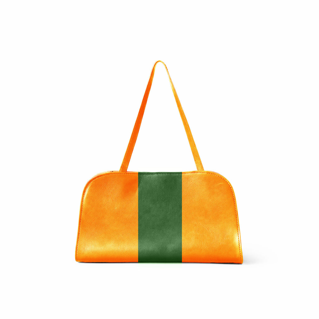 An bright yellow leather shoulder bag with a central green stripe and matching orange shoulder strap, shown against a plain white background.