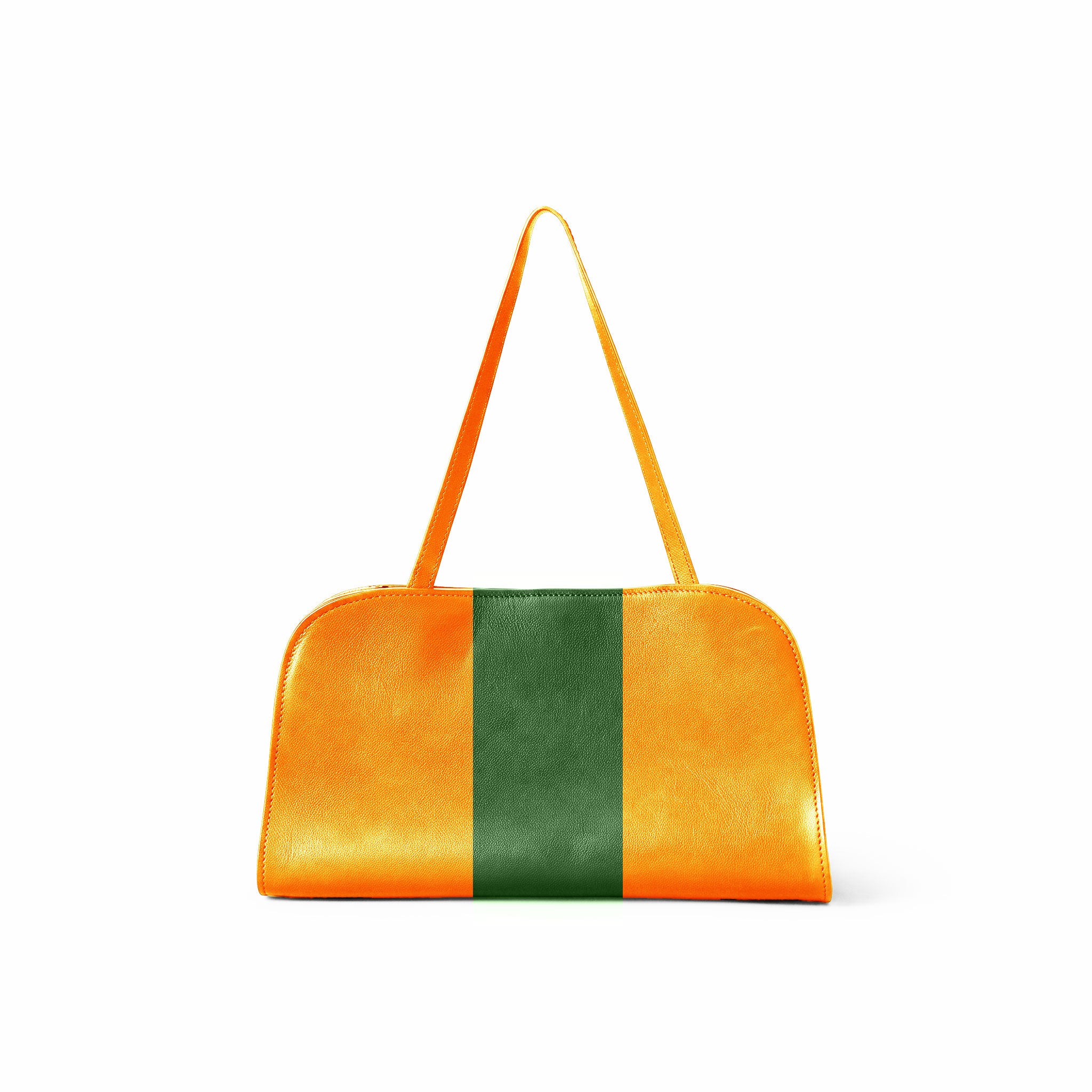 An bright yellow leather shoulder bag with a central green stripe and matching orange shoulder strap, shown against a plain white background.