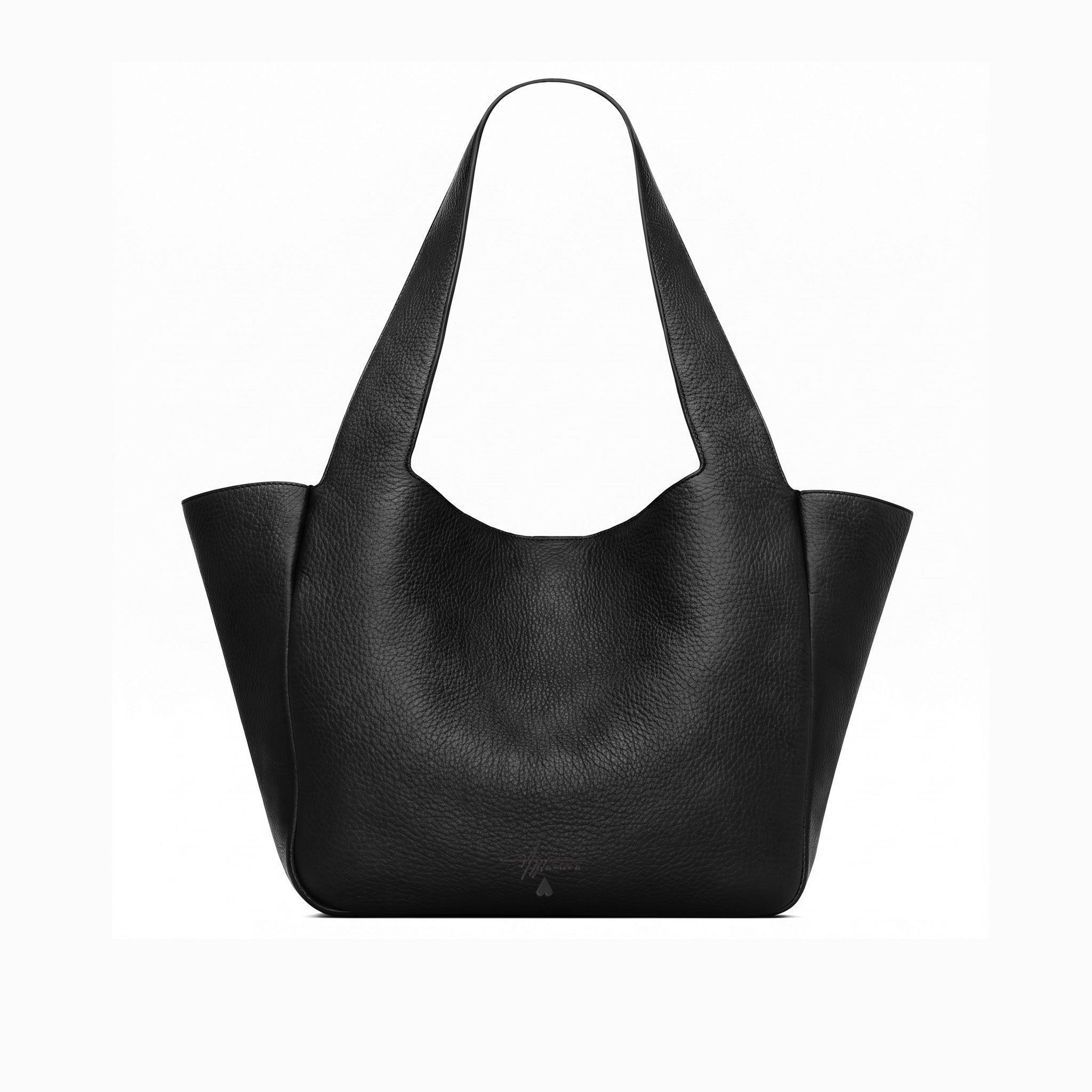A black deerskin leather hobo tote bag with long shoulder straps, shown against a plain white background.