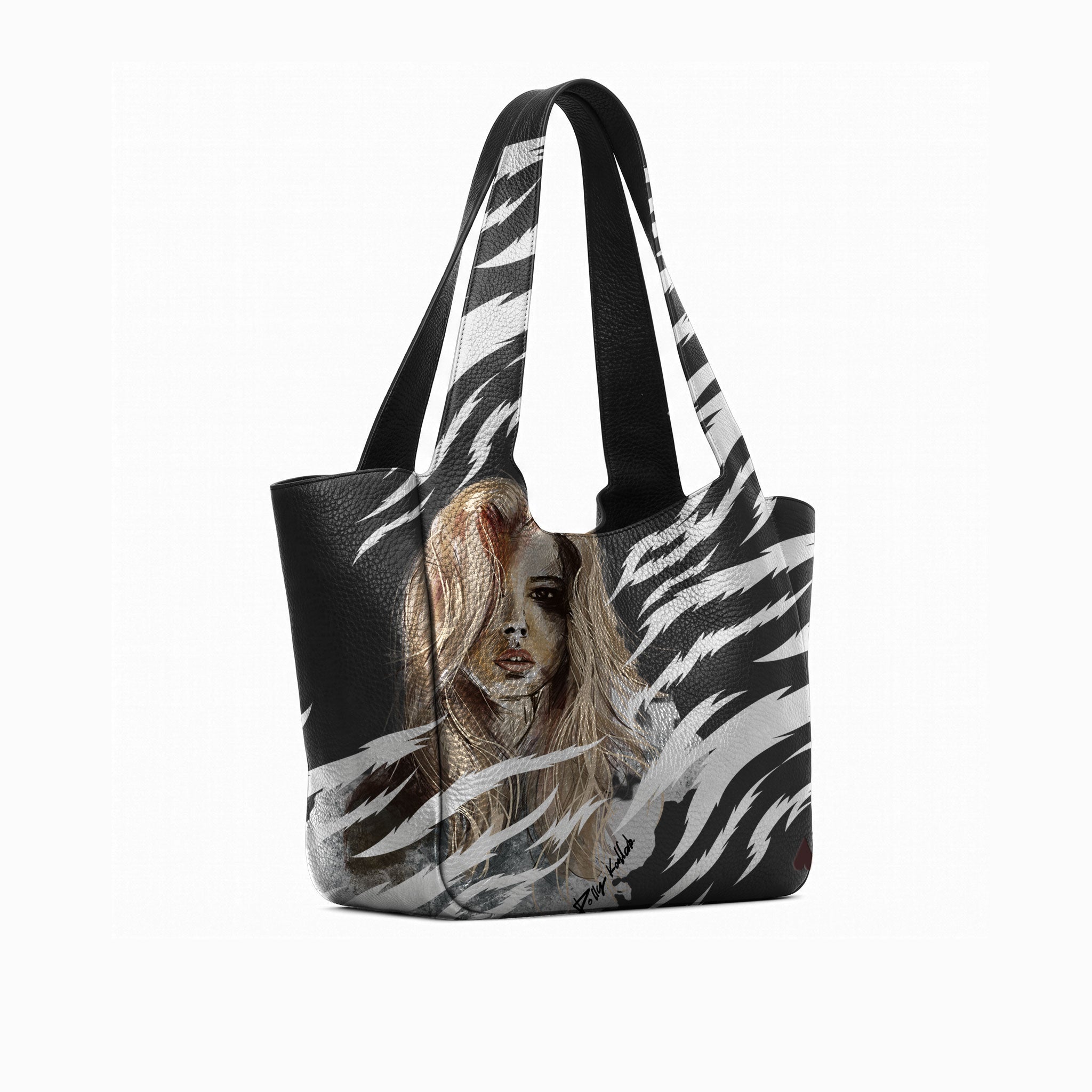 A black and white zebra-print tote bag featuring a printed portrait of a woman with long blonde hair on the front, set against a plain white background.