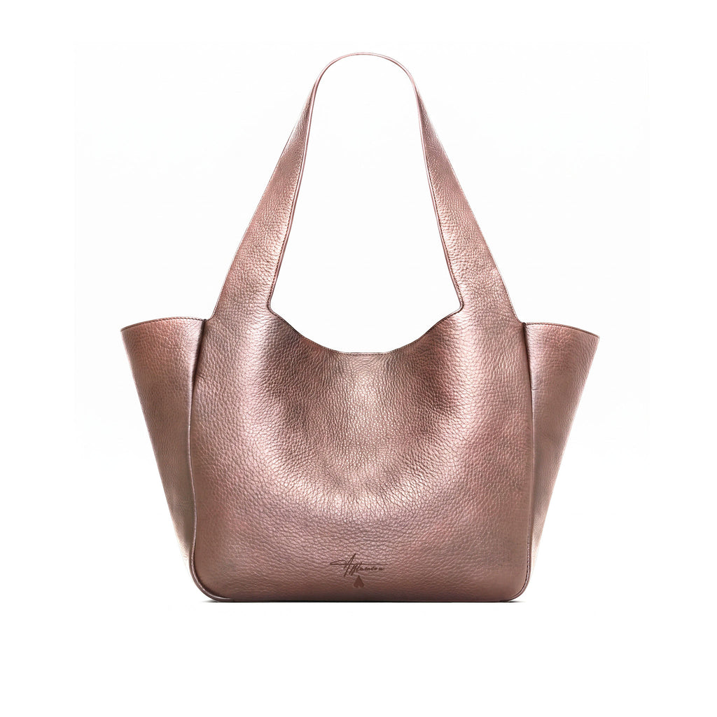 A bronze leather hobo tote bag with a pebbled texture, shown against a plain white background.