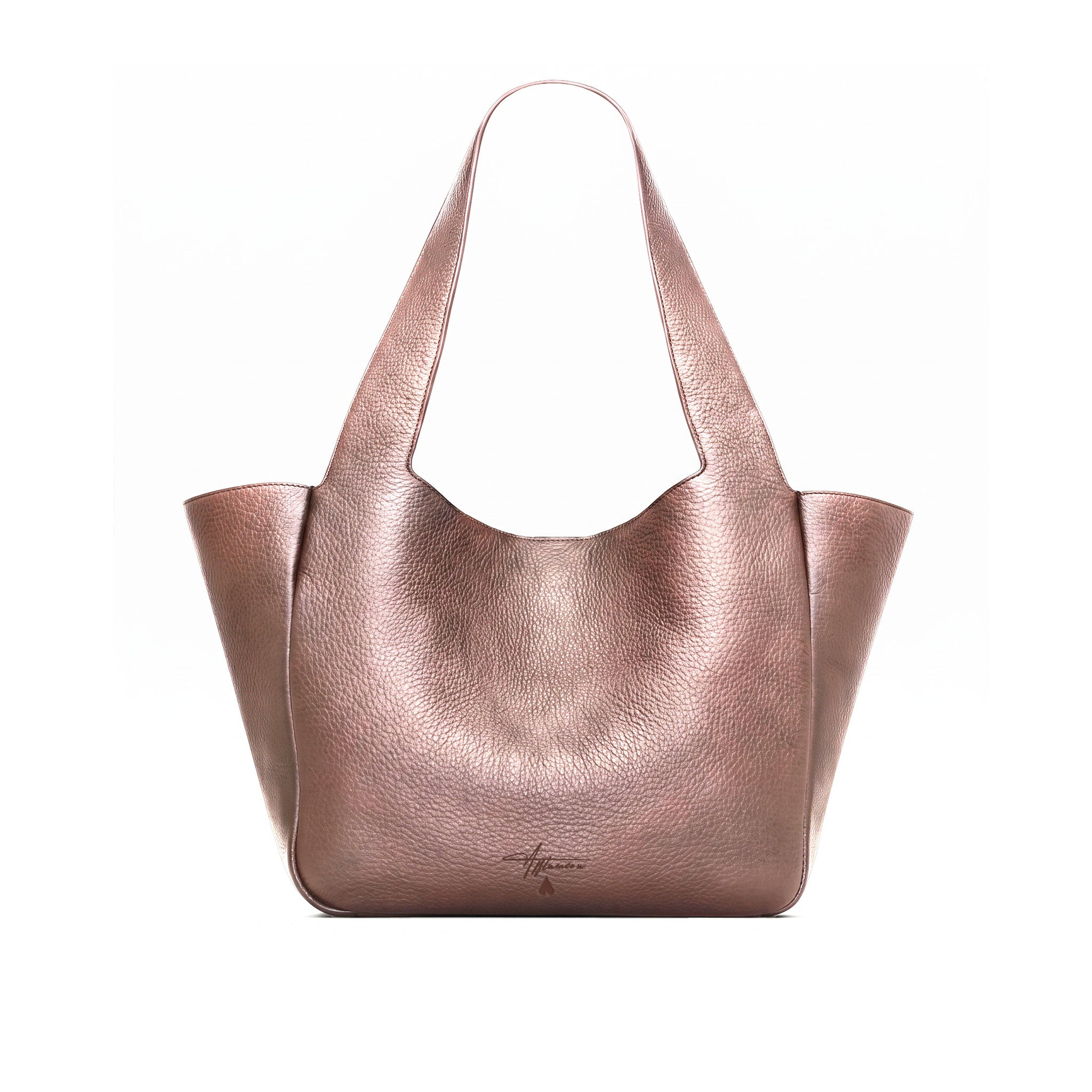 A bronze leather hobo tote bag with a pebbled texture, shown against a plain white background.