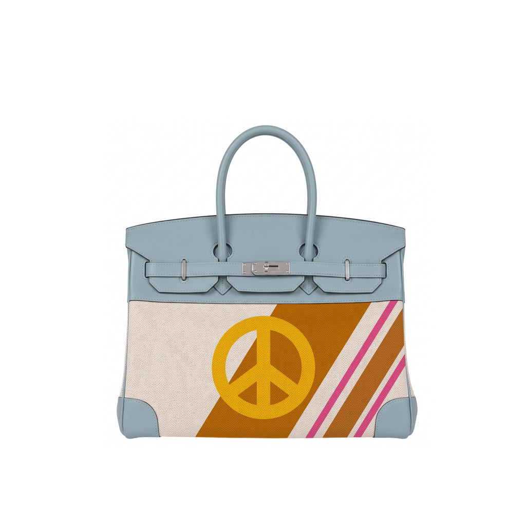 A structured leather handbag with a light blue top handle and trim, a cream center panel, a large yellow peace sign, and diagonal brown and pink stripes on the lower section, shown on a plain white background.