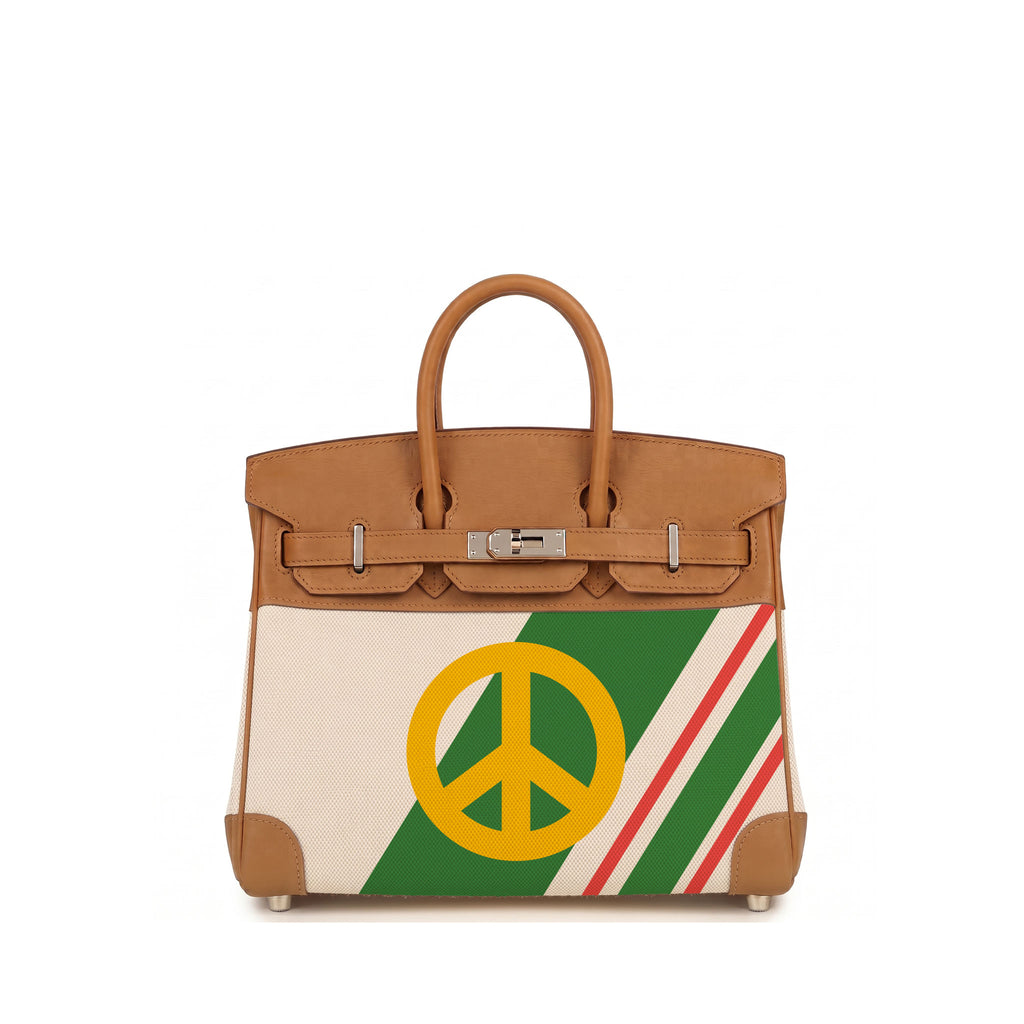 A structured leather handbag with tan handles and trim, featuring a front panel with a large yellow peace sign over diagonal green, white, and red stripes, photographed on a plain white background.