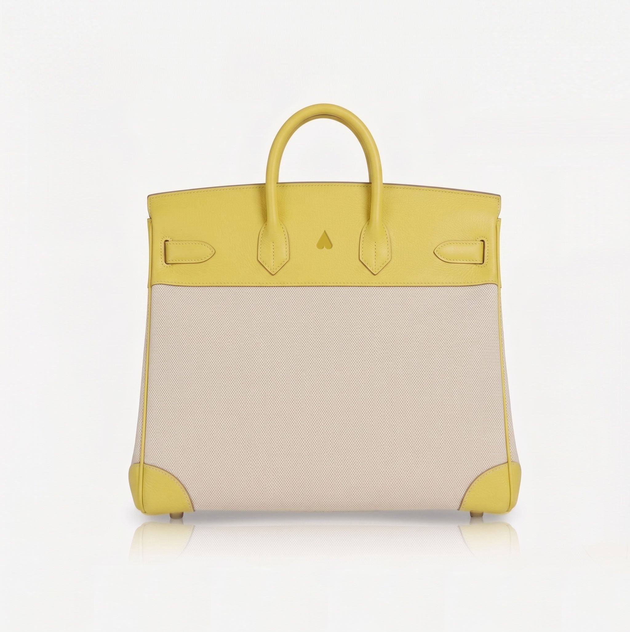 A structured handbag with a two-tone color-blocked design, featuring a bright yellow leather top half and handles with a light beige textured lower half, shown against a plain white background.