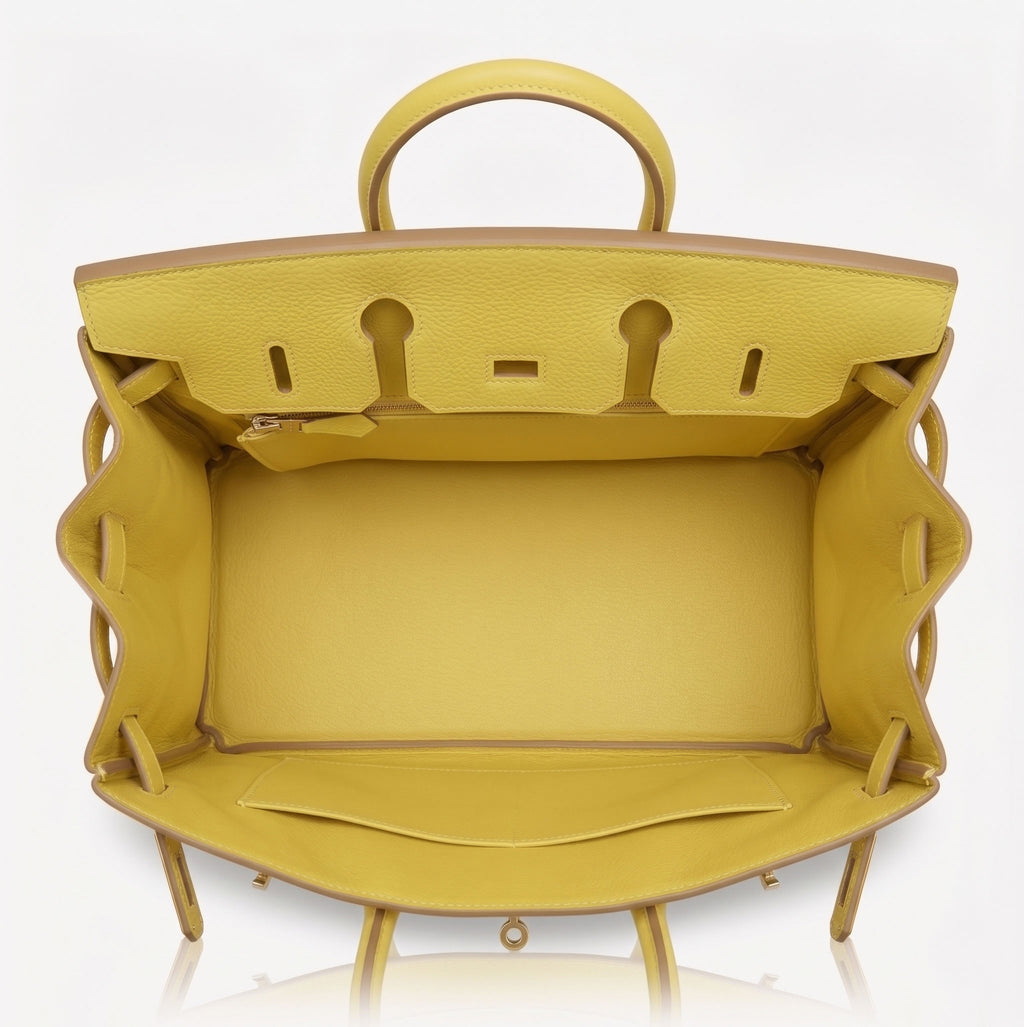 A bright yellow textured leather handbag shown from the inside, featuring a top handle, interior lining, and decorative side cutouts, photographed against a clean white background.