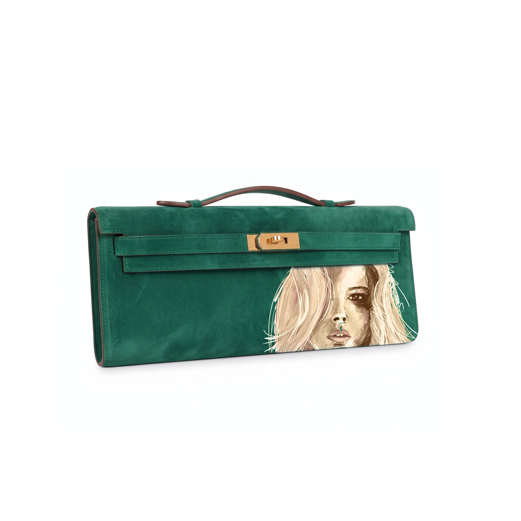 Crafted from luxurious green calfskin suede, the Kali Long clutch pochette combines a soft, velvety texture. Designed with a refined top handle, slim closure straps, and polished gold-tone twist-lock hardware, with front gorgeous art print 
