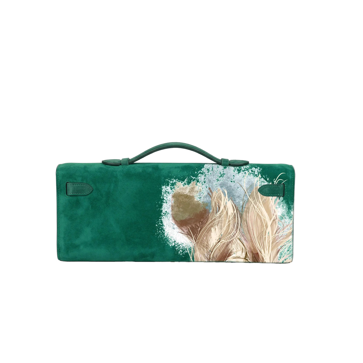 Crafted from luxurious green calfskin suede, the Kali Long clutch pochette combines a soft, velvety texture. Designed with a refined top handle, slim closure straps, and polished gold-tone twist-lock hardware, with back gorgeous art print 