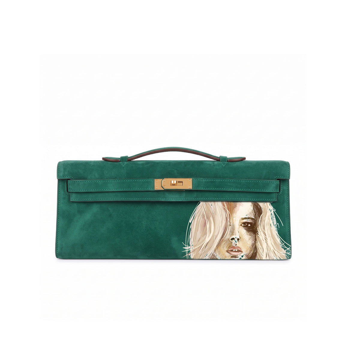 Crafted from luxurious green calfskin suede, the Kali Long clutch pochette combines a soft, velvety texture. Designed with a refined top handle, slim closure straps, and polished gold-tone twist-lock hardware, with front gorgeous art print