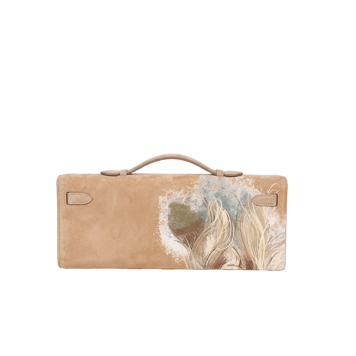 Crafted from luxurious beige calfskin suede, the Kali Long clutch pochette combines a soft, velvety texture. Designed with a refined top handle, slim closure straps, and polished gold-tone twist-lock hardware, with back gorgeous art print