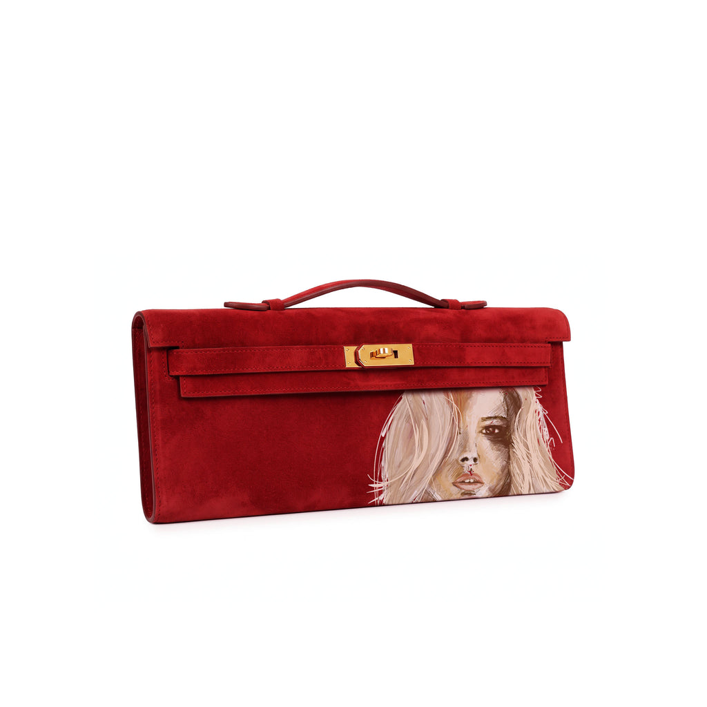 Crafted from luxurious red calfskin suede, the Kali Long clutch pochette combines a soft, velvety texture. Designed with a refined top handle, slim closure straps, and polished gold-tone twist-lock hardware, with front gorgeous art print 