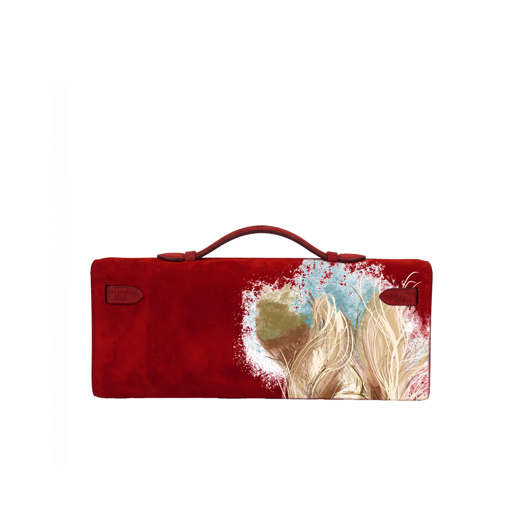 Crafted from luxurious red calfskin suede, the Kali Long clutch pochette combines a soft, velvety texture. Designed with a refined top handle, slim closure straps, and polished gold-tone twist-lock hardware, with back gorgeous art print 