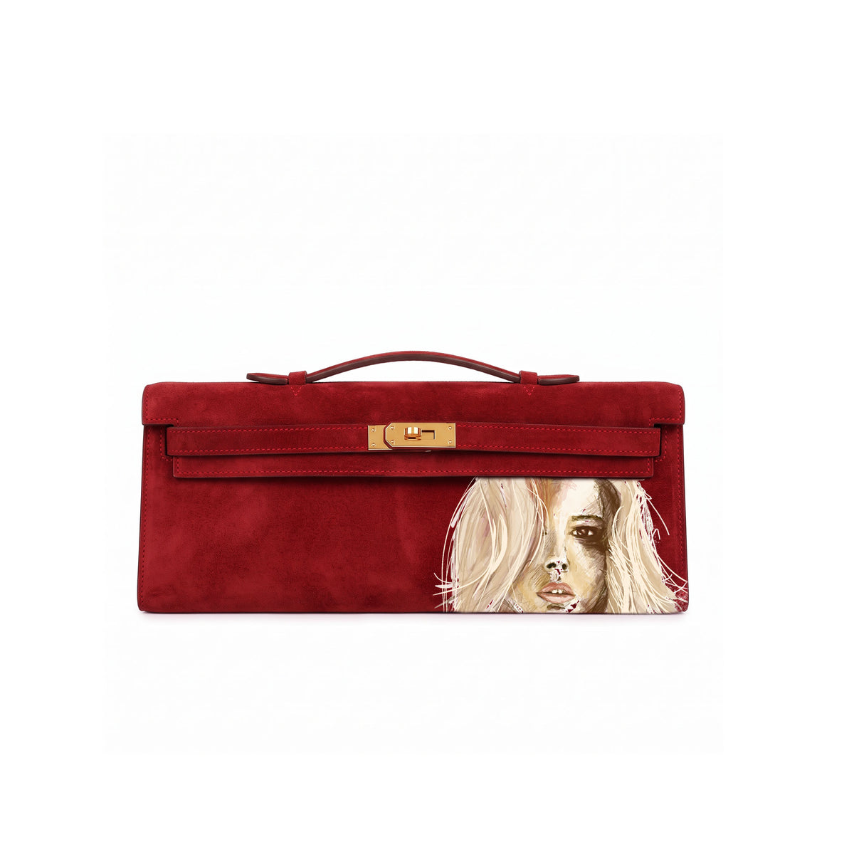 Crafted from luxurious red calfskin suede, the Kali Long clutch pochette combines a soft, velvety texture. Designed with a refined top handle, slim closure straps, and polished gold-tone twist-lock hardware, with front gorgeous art print