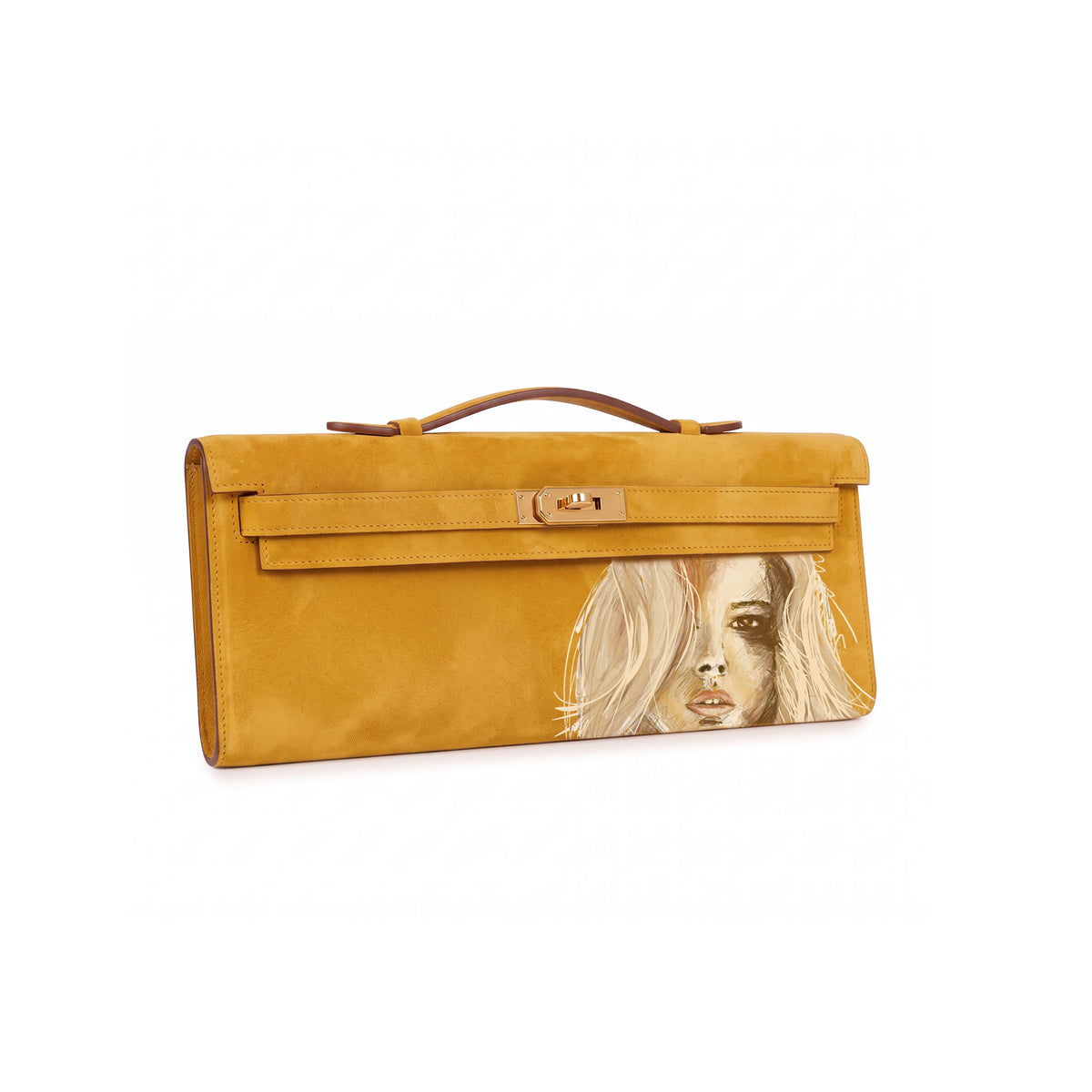 Crafted from luxurious yellow calfskin suede, the Kali Long clutch pochette combines a soft, velvety texture. Designed with a refined top handle, slim closure straps, and polished gold-tone twist-lock hardware, with front gorgeous art print