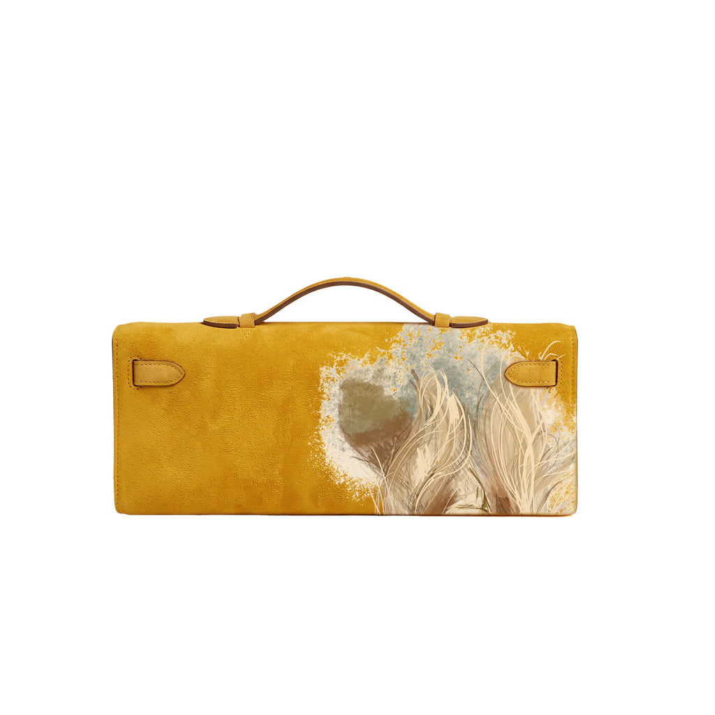 Crafted from luxurious yellow calfskin suede, the Kali Long clutch pochette combines a soft, velvety texture. Designed with a refined top handle, slim closure straps, and polished gold-tone twist-lock hardware, with back gorgeous art print