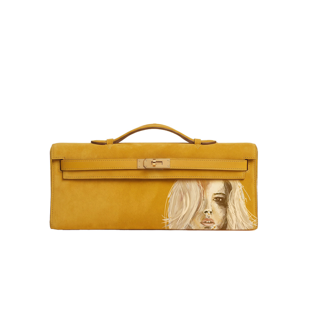 Crafted from luxurious yellow calfskin suede, the Kali Long clutch pochette combines a soft, velvety texture. Designed with a refined top handle, slim closure straps, and polished gold-tone twist-lock hardware, with front gorgeous art print