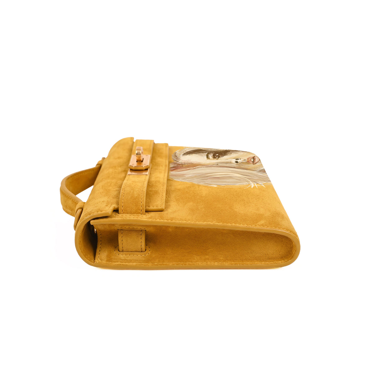 Crafted from luxurious yellow calfskin suede, the Kali Long clutch pochette combines a soft, velvety texture. Designed with a refined top handle, slim closure straps, and polished gold-tone twist-lock hardware, with front gorgeous art print