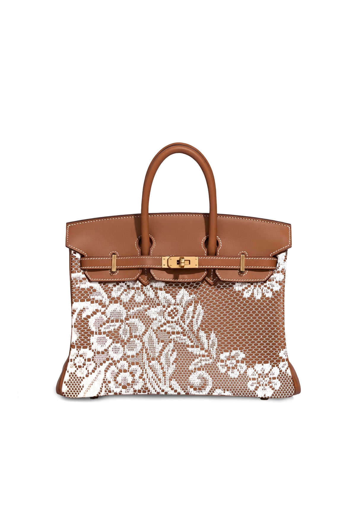 A brown leather handbag with gold-tone hardware and a large white lace overlay on the front, shown against a plain white background.