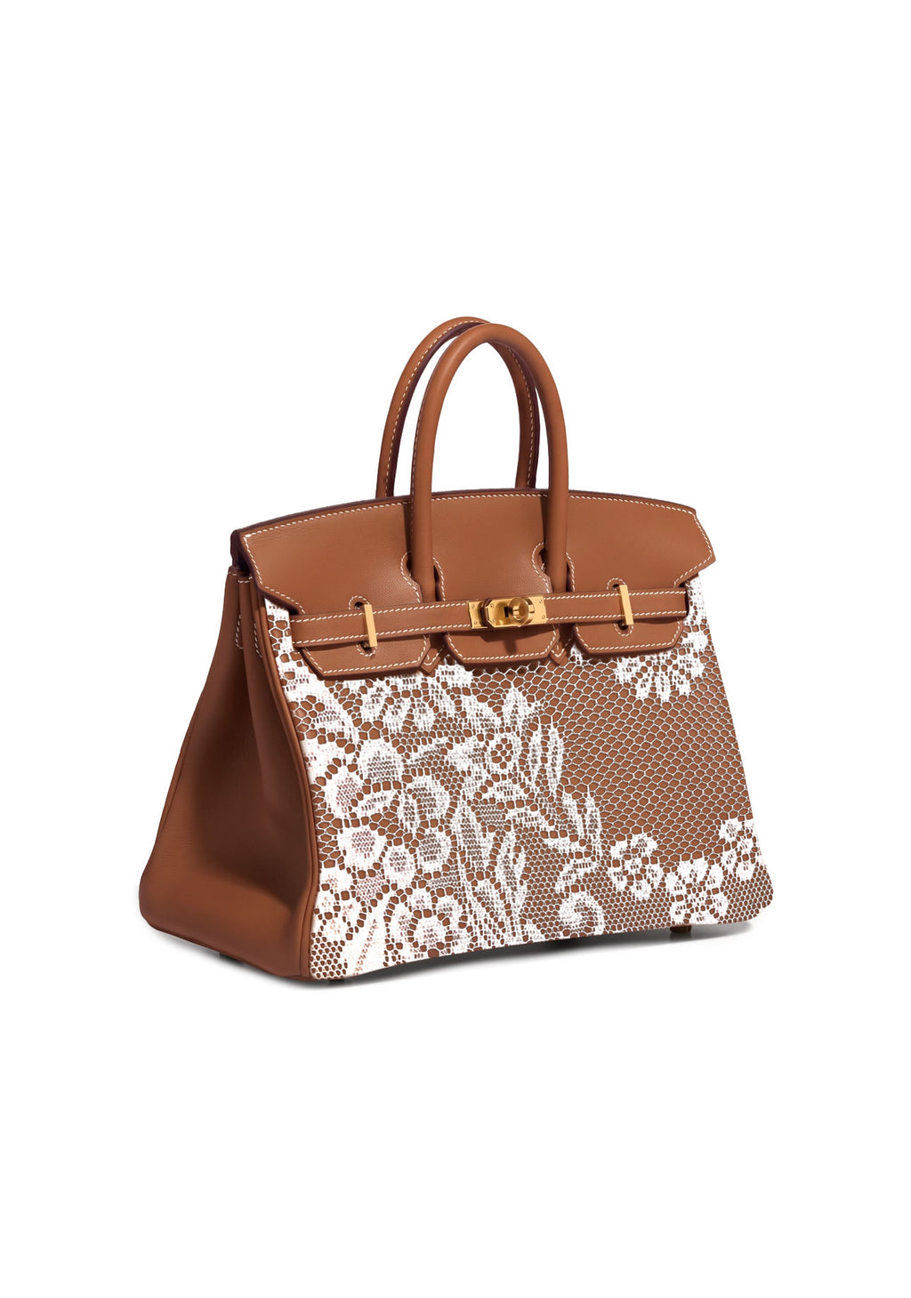 A brown leather handbag with gold-tone hardware and a large white lace overlay on the front, side view shown against a plain white background.