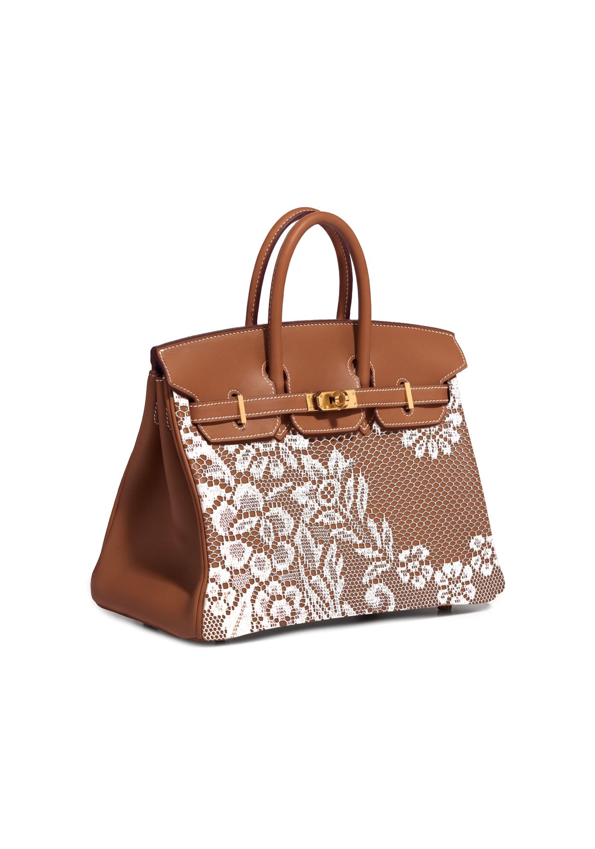 A brown leather handbag with gold-tone hardware and a large white lace overlay on the front, side view shown against a plain white background.