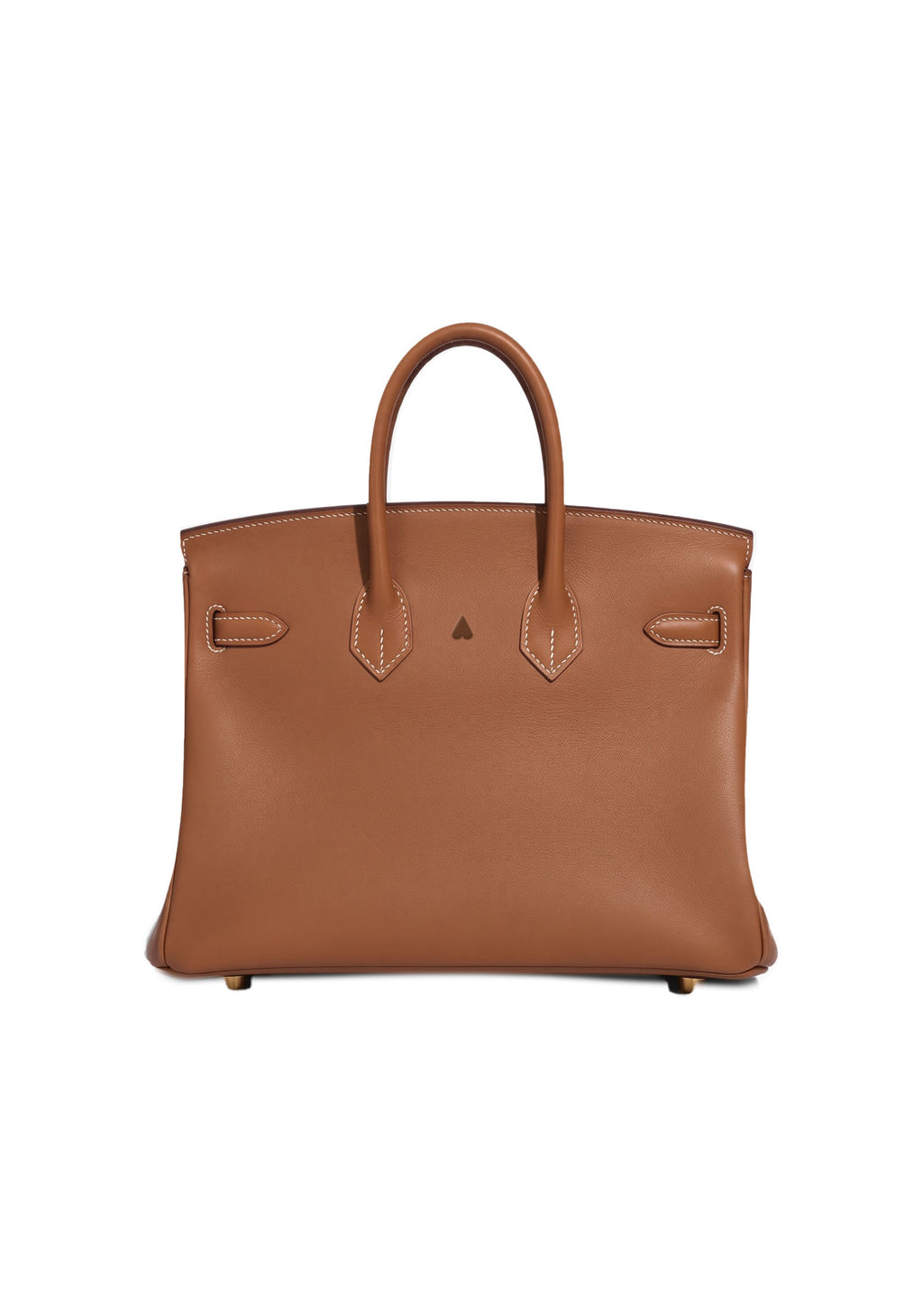 soft calf swift leather gold brown color with embossed heart sign logo back side of the handbag