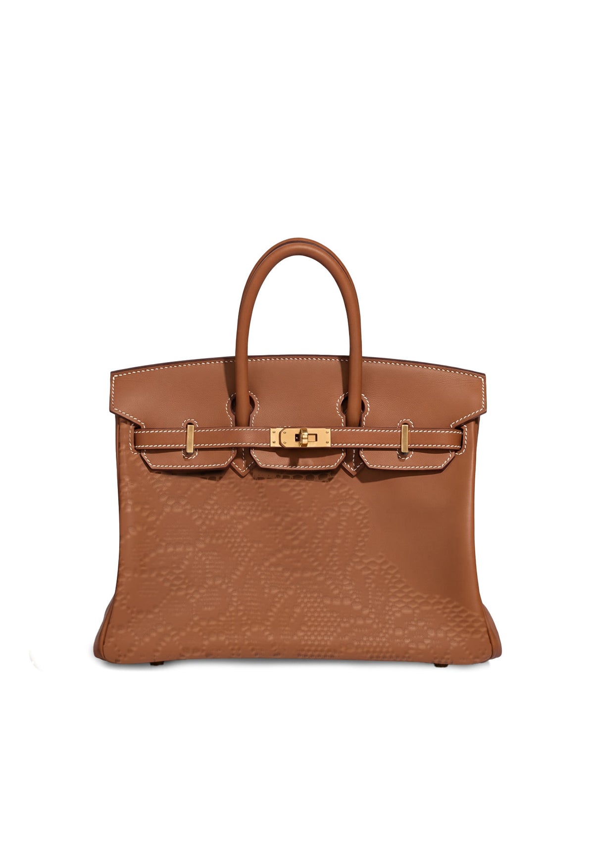 A brown leather handbag with an embossed floral pattern on the lower front and gold-tone hardware, shown against a plain white background.