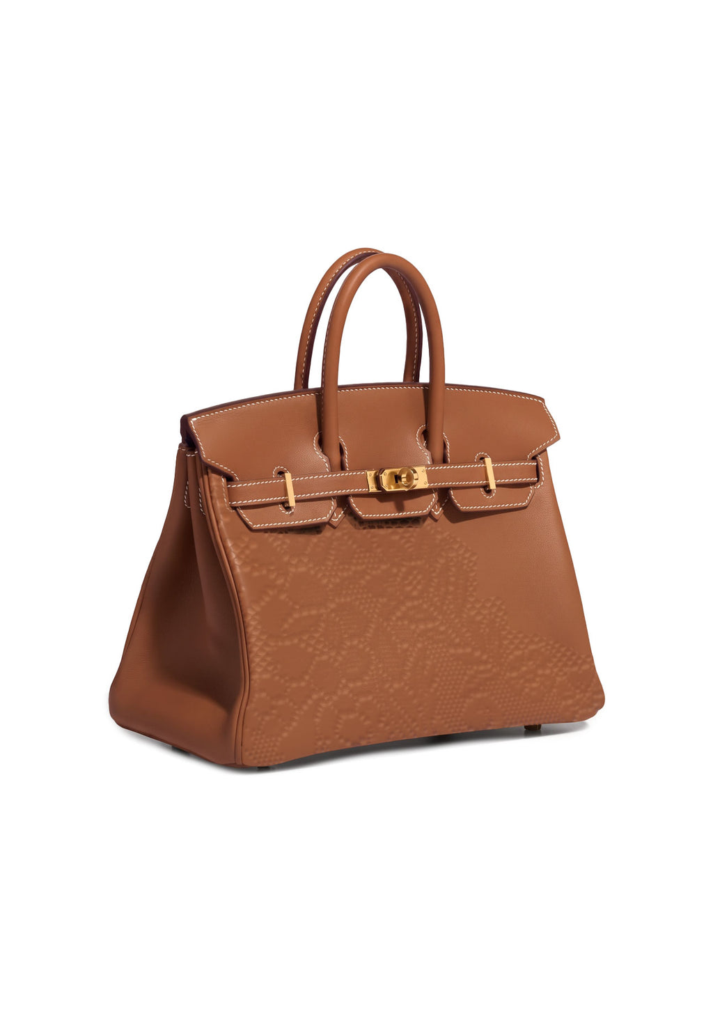 A brown leather handbag with an embossed floral pattern on the lower front and gold-tone hardware, shown against a plain white background.