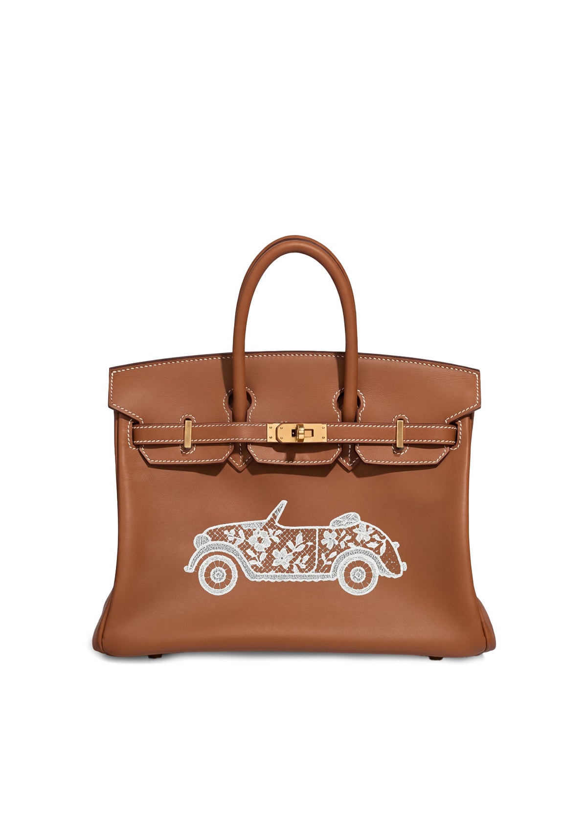 A brown leather handbag with gold-tone hardware and a white and light blue embroidered vintage car motif on the front, shown against a plain white background.