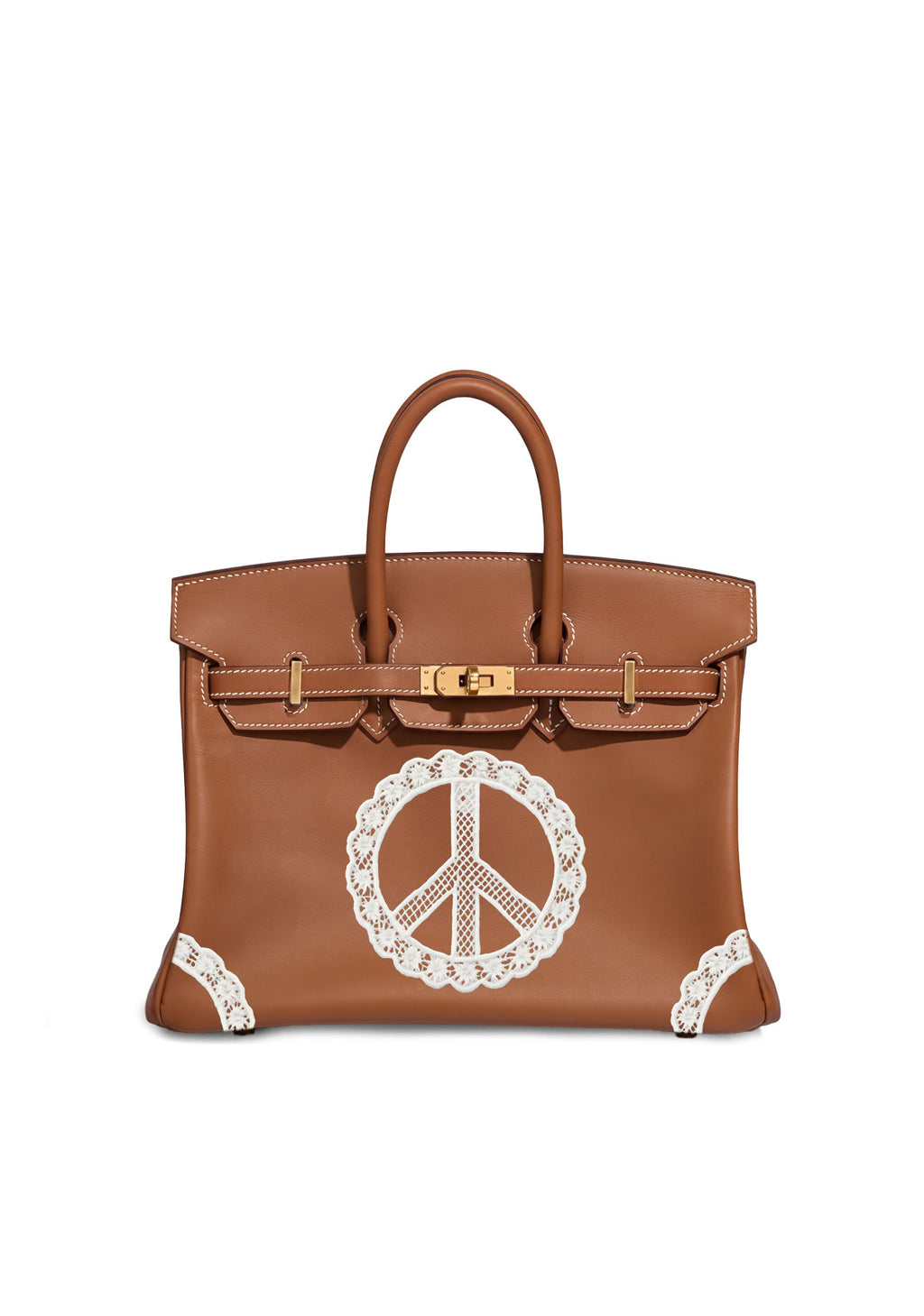 A brown leather handbag with gold-tone hardware and a large white lace peace sign appliqué on the front, shown against a plain white background.